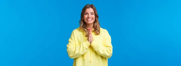 Cheerful Young European Female Practice Yoga Greeting Sensei Namaste Gesture — Stock Photo, Image