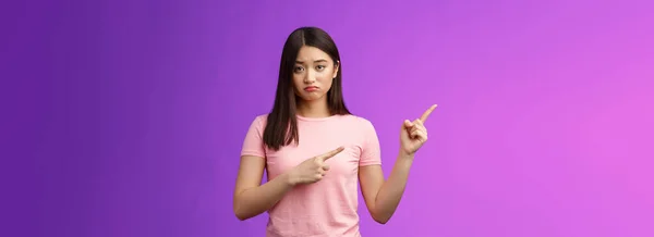 Moody Upset Whining Girlfriend Unhappy Pointing Left Sulking Look Miserable — Stock Photo, Image