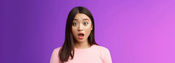 Close Shocked Gasping Impressed Asian Brunette Drop Jaw Stare Camera — Stock Photo, Image