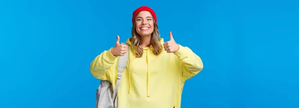 Sounds Good Deal Cheerful Happy Smiling Hipster Girl Red Beanie — Stock Photo, Image