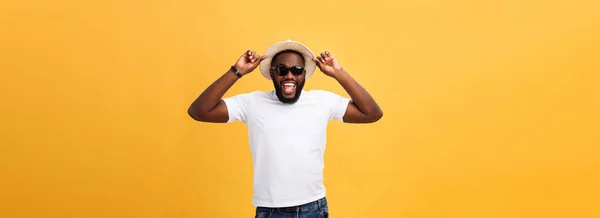 Close Portrait Young Man Laughing Hands Holding Hat Isolate Yellow — Stock Photo, Image