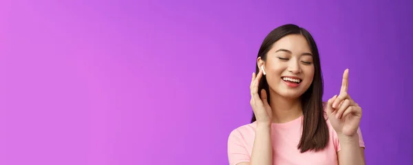Close Cheerful Glad Attractive Asian Woman Close Eyes Raising One — Stock Photo, Image