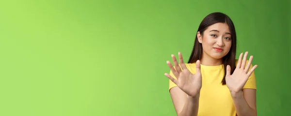 Modest Cute Insecure Timid Asian Girl Waving Hands Gesture Step — Stock Photo, Image