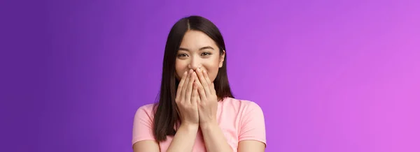 Amused Cheerful Lovely Asian Girlfriend Blushing Happily Hold Hands Mouth — Stock Photo, Image