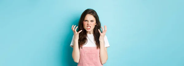 Angry Pissed Brunette Woman Shaking Hands Frowning Outraged Look Hatred — Photo