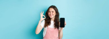 - Çok iyi. Gülümseyen genç bir kadın ürününü internetteki boş akıllı telefon ekranında gösteriyor, markanızı tavsiye ediyor, tamam işareti yapıyor, mavi arka plana karşı tatmin olmuş bir şekilde duruyor..
