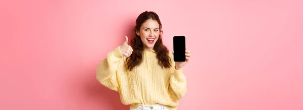 Very Good App Smiling Satisfied Woman Showing Thumbs Empty Smartphone — Stock Photo, Image