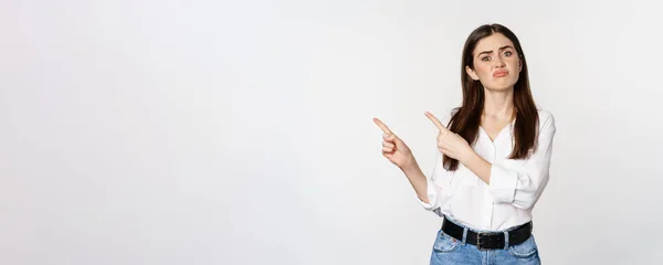 Sad Disappointed Cute Woman Gloomy Girl Pointing Fingers Logo Complaining — 图库照片