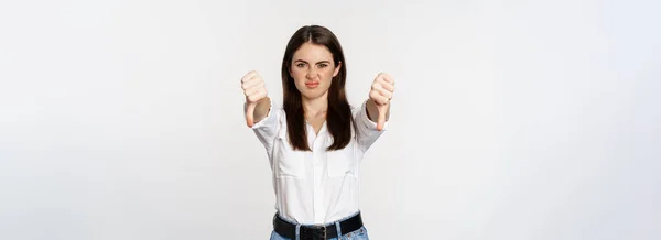 Disappointed Adult Corporate Woman Showing Thubms Dislike Gesture Negative Feedback — ストック写真