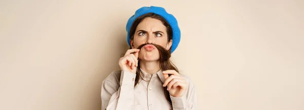 Funny Beautiful Girl Fooling Making Moustache Out Hair Lips Squinting — Foto Stock