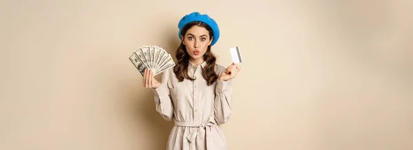 Microcredit Money Concept Young Stylish Woman Showing Credit Card Dollars — Stockfoto