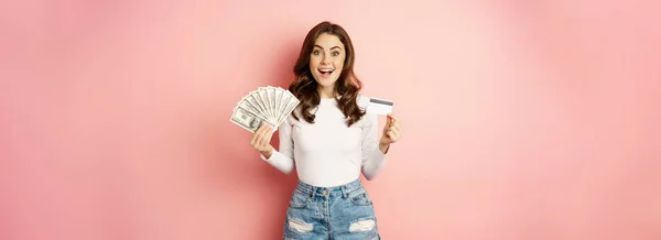 Credit Money Loans Concept Happy Beautiful Girl Holding Credit Card — Foto Stock