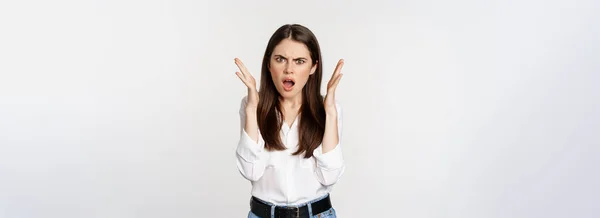 Frustrated Angry Young Woman Gasping Looking Shocked Upset Camera Offended — Foto Stock