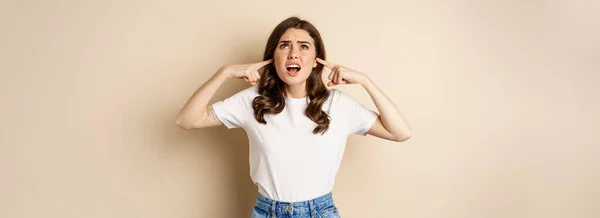 Annoyed Young Woman Shut Ears Loud Noise Feeling Discomfort Complaining — ストック写真