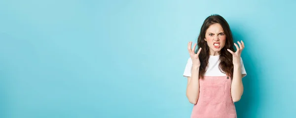 Angry Pissed Brunette Woman Shaking Hands Frowning Outraged Look Hatred — Foto Stock