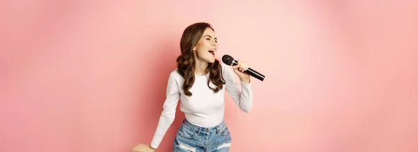Party Girl Happy Young Woman Singing Microphone Performing Song Having — 스톡 사진
