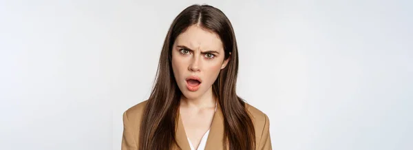 Confused Office Worker Businesswoman Staring Shocked Insulted Camera Standing White — Stockfoto