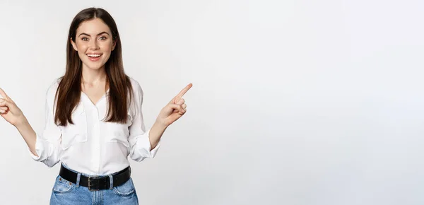 Happy Smiling Adult Woman Pointing Sideways Showing Two Choices Products — 图库照片