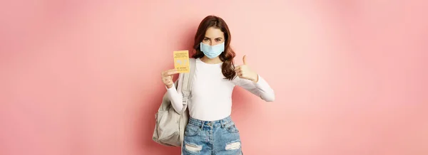 Young Woman Medical Mask Showing Thumbs Covid Vaccination Certificate Travel — Stok fotoğraf