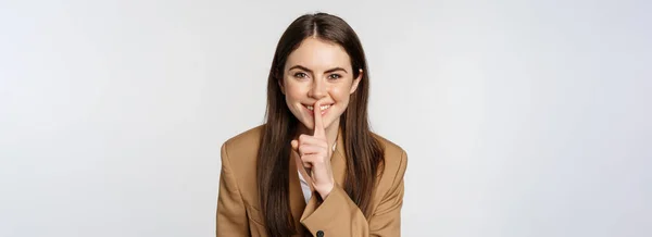 Close Portrait Female Entrepreneur Smiling Shushing Making Shh Hush Sign — 图库照片