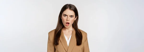 Frustrated Insulated Woman Business Outfit Staring Startled Shocked Camera Standing — Foto Stock