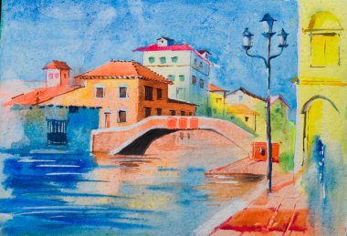 Köprünün altından geçen bir nehrin suluboya resmi, arka planda bir şehir. Şehir manzarasının elle boyanmış suluboya çizimi.