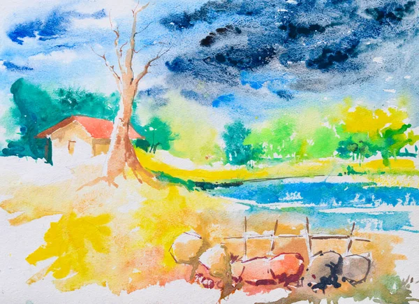 色彩艳丽的印第安村庄水彩画 手绘插图 一个村庄的家 树木和池塘 农村景观 — 图库照片