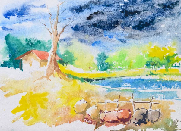 Peinture Aquarelle Village Indien Lumineux Illustration Peinte Main Une Maison — Photo