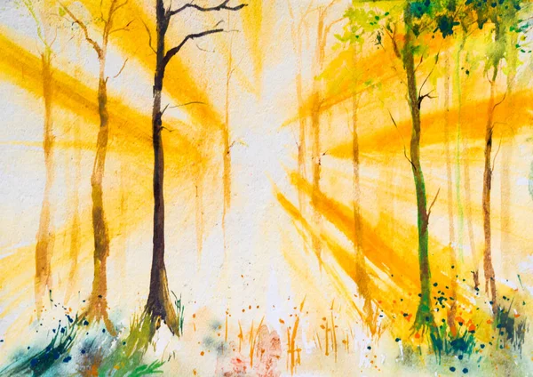 Bela Pintura Aquarela Uma Floresta Brilhante Com Raios Sol Através — Fotografia de Stock