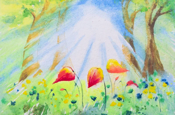 陽射しのある明るい森の美しい水彩画 手描き水彩画希望のイラスト — ストック写真