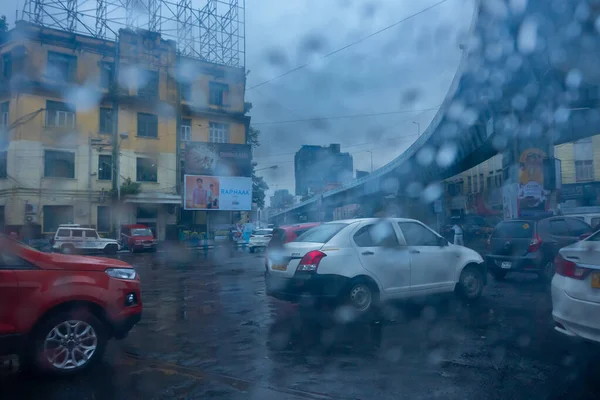 Kolkata Västbengalen Indien September 2019 Bild Tagen Genom Regndroppar Som — Stockfoto