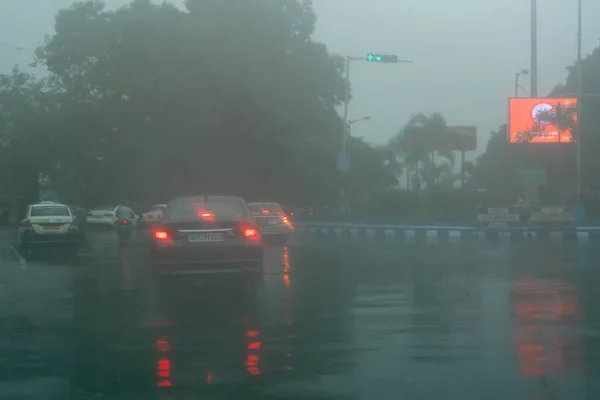 Kolkata Bengala Ocidental Índia Agosto 2019 Fotografia Através Gotas Chuva — Fotografia de Stock