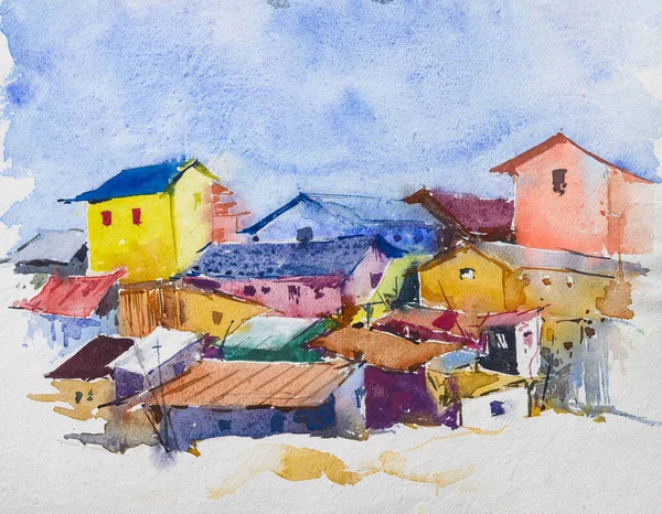 Pintura Aquarela Edifícios Bem Construídos Ilustração Pintada Mão Paisagem Urbana — Fotografia de Stock