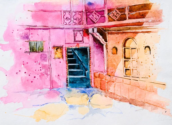 Aquarellmalerei Eines Alten Hauses Mit Klassischer Klassischer Architektur Von Rajasthan — Stockfoto