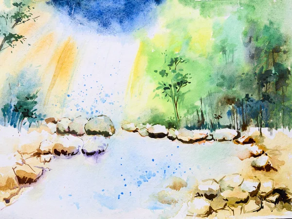Ormanda Şelale Elle Boyanmış Suluboya Çizimler Doğa Manzarası — Stok fotoğraf