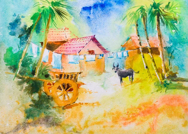 Helle Indische Dorf Aquarellmalerei Handgemalte Illustration Dorfhäuser Bäume Ochsenkarren Und — Stockfoto