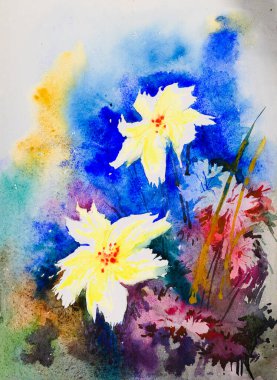 Davetiye kartı, kartpostal, poster, kapak, dekorasyon gibi çeşitli kullanımlar için soyut çiçek suluboya resmi. Suluboya elle çizilmiş resim. Dikey çiçek resmi.