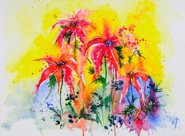 Davetiye kartı, kartpostal, poster, kapak, dekorasyon gibi çeşitli kullanımlar için soyut çiçek suluboya resmi. Suluboya elle çizilmiş resim. Çiçek resmi..