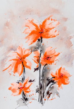 Davetiye kartı, kartpostal, poster, kapak, dekorasyon gibi çeşitli kullanımlar için soyut çiçek suluboya resmi. Suluboya elle çizilmiş resim. Dikey çiçek resmi.