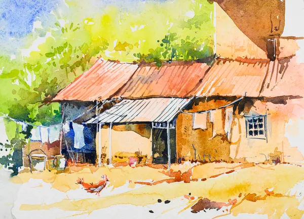 Pintura Aquarela Casas Estreitamente Construídas Ilustração Pintada Mão Vila Indiana — Fotografia de Stock