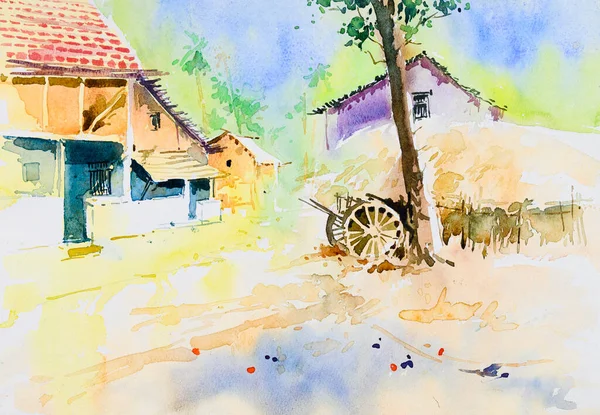 Bright Indian Village Watercolor Painting Hand Painted Illustration Village Home — Stock Photo, Image