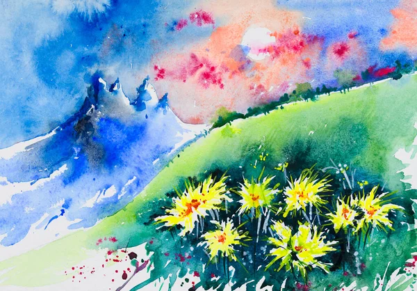 午前中に山の素敵な水彩画 フィールドの明るい野生の花でいっぱい 手描き水彩イラスト 山の風景 — ストック写真