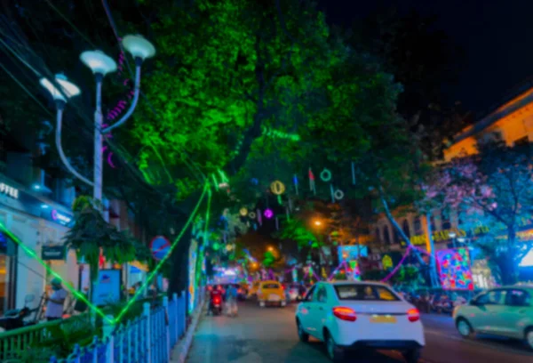 Imagen Borrosa Calle Park Está Decorada Con Luces Diwali Para — Foto de Stock