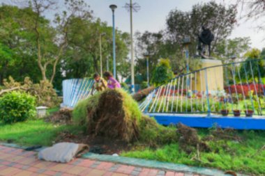 Kolkata 'nın bulanık görüntüsü, Batı Bengal, Hindistan. İki kızın bulanık görüntüsü ağaçta oynuyor. Kasırga Amphan tarafından sökülmüş, Mahatma Gandhi heykelinin önünde. Yıkımdan sonraki hayat.