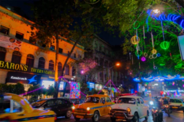 印度加尔各答公园街的模糊图像 公园街道上装饰有迪瓦里灯 用于装饰迪瓦里或深谷 它是光明的节日 光明战胜黑暗 — 图库照片