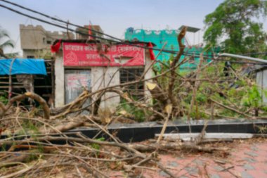 Howrah 'ın bulanık görüntüsü, Batı Bengal, Hindistan. Süper kasırga Amphan yıkıldı, evler yıkıldı ve kaldırımlar kapandı. Yıkım birçok ağacı yere düşürdü. İklim değişikliği.