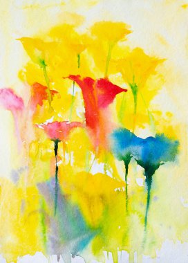 Güzel soyut suluboya çiçek resmi yumuşak sarı arkaplan. Hint suluboya sanatı suluboya boya ve fırçalarla yaratıldı.