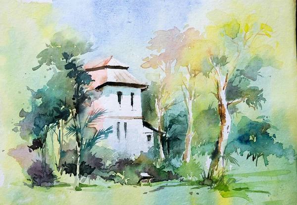 Pintura Acuarela Aldea India Una Casa Con Fondo Bosque Verde — Foto de Stock