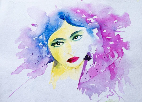 Pintura Aquarela Retrato Uma Bela Jovem Mulher Modelo Com Rosto — Fotografia de Stock