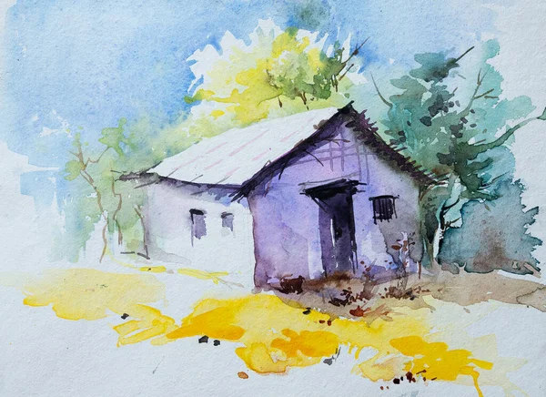 Watercolor Painting Indian Village House Green Forest Background Yellow Colored — Stock Photo, Image